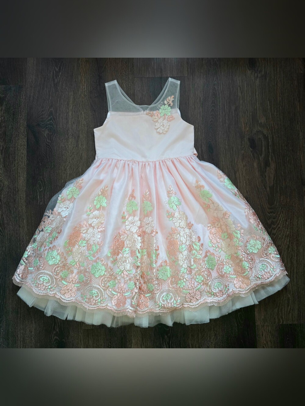 American Princess light pink intricate floral embroidery lace overlay dress